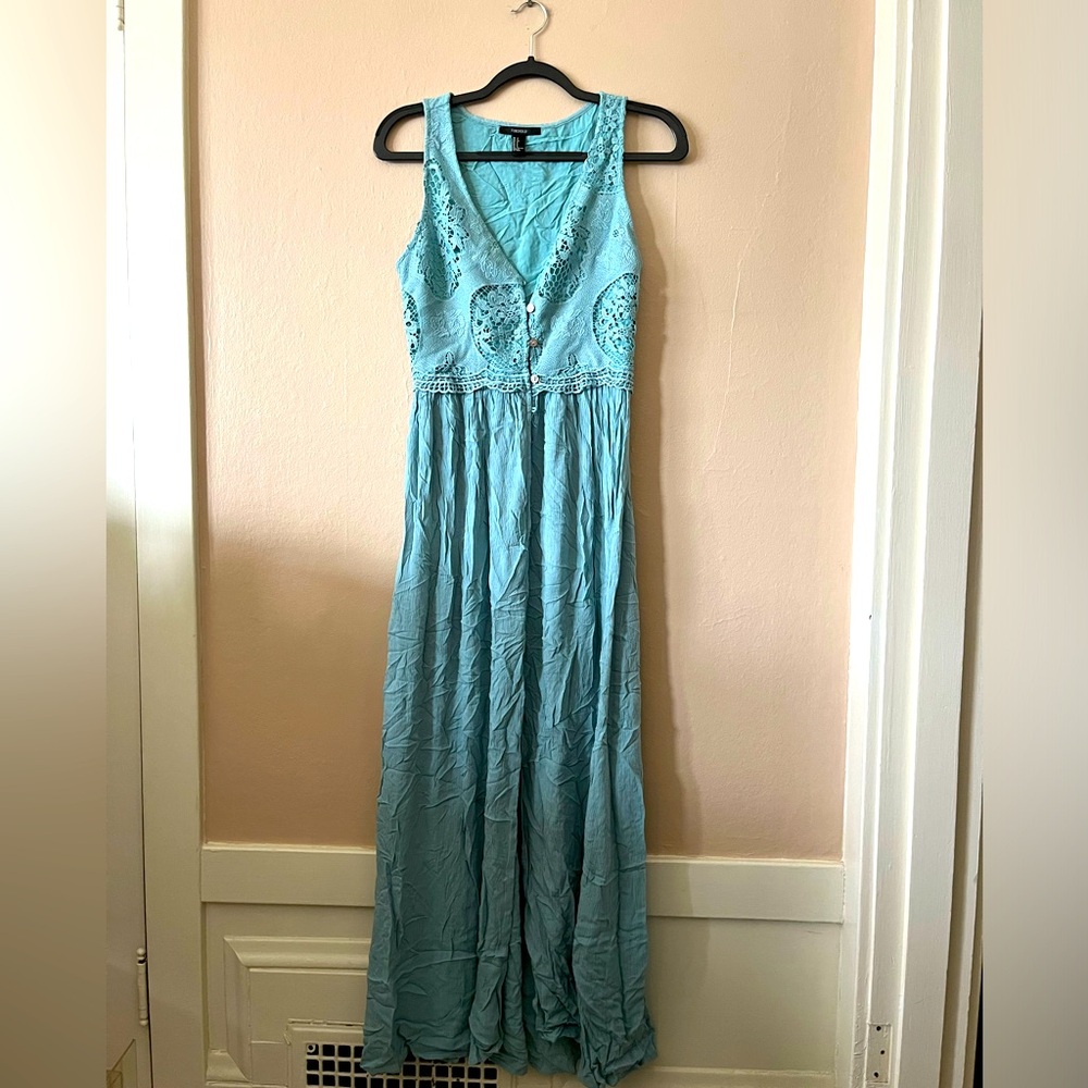 Forever 21 Teal Lace Crochet Sleeveless Button Front Maxi Dress S